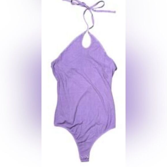 NWT Enza Costa Purple Ribbed Silk Blend Halter Keyhole Bodysuit Size S - MSRP $1 - Picture 10 of 10